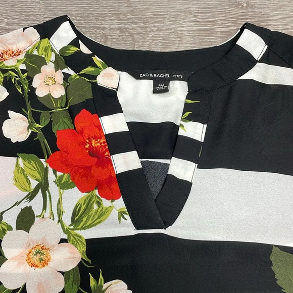 Zac & Rachel 3/4 Sleeve V-Neck Blouse Black White Striped Floral PM - Picture 12 of 15